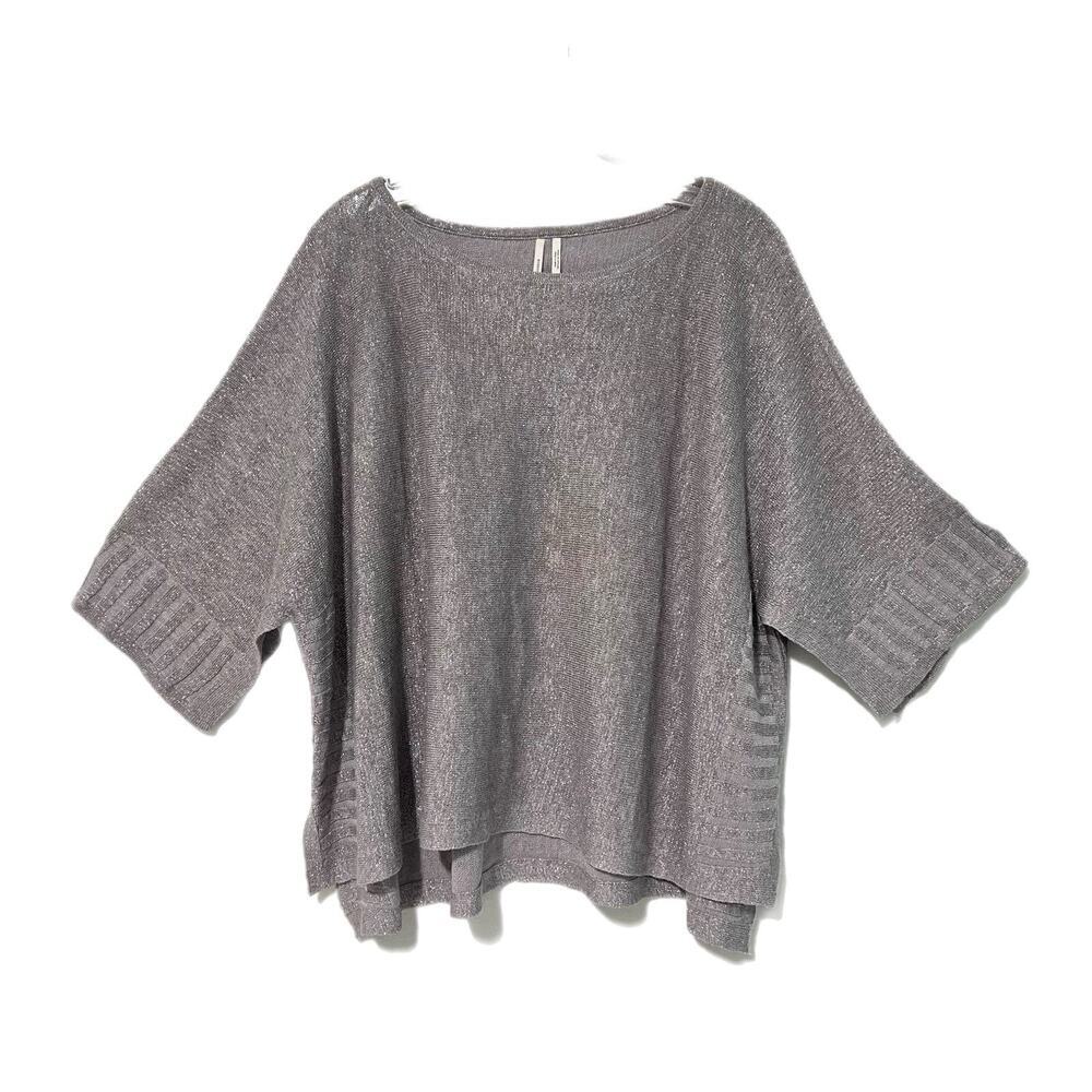 Anthropologie Alicia Poncho Sweater Small Metallic Silver Knit Linen Blend Relax